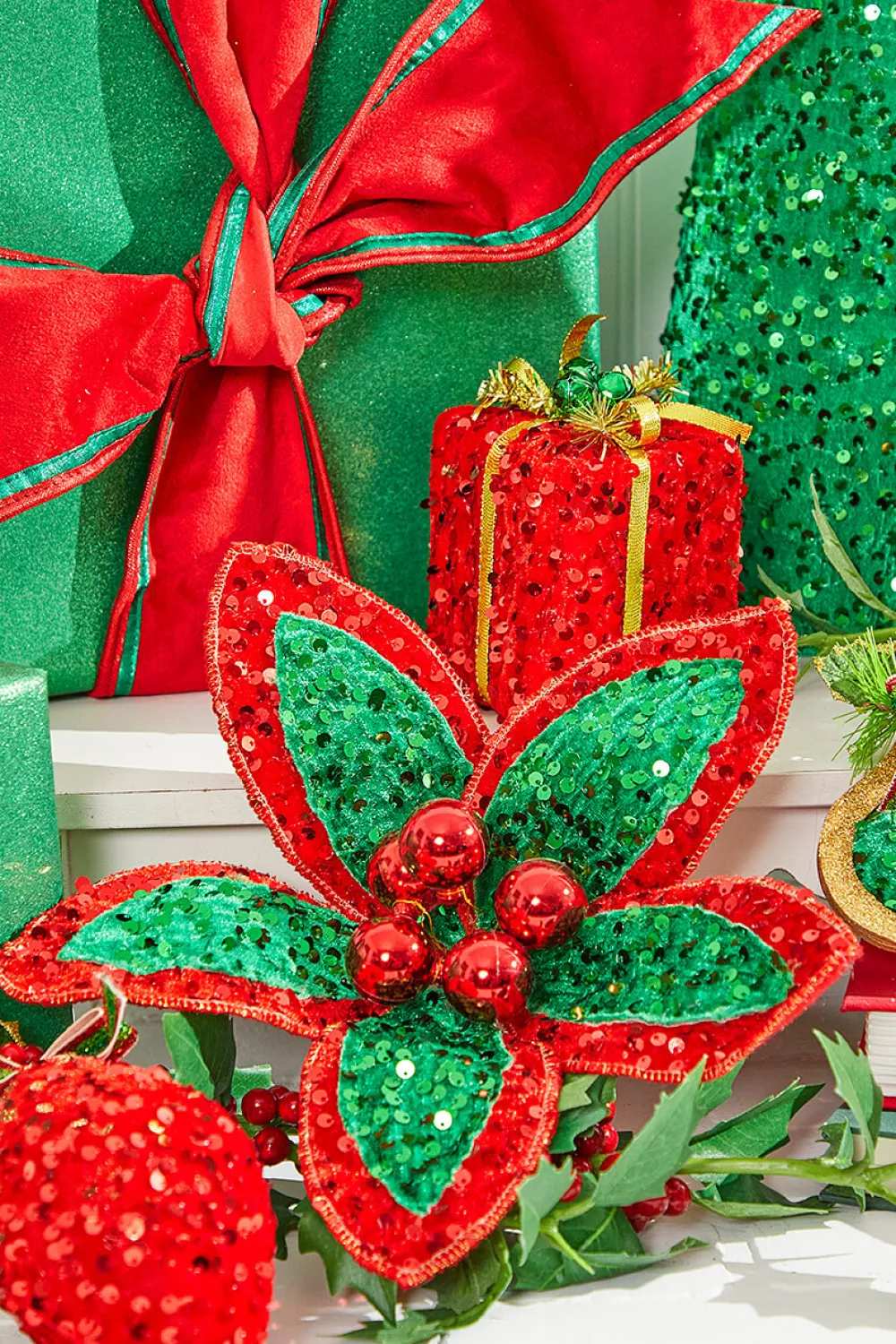 Decorator's Warehouse 22" Red Green Sequin Poinsettia Stem > Christmas Decor|Retro Brites