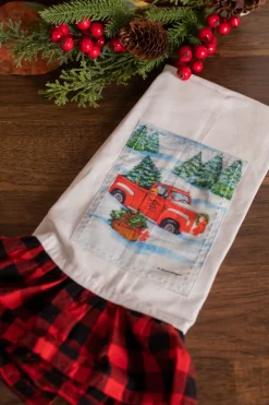 Decorator's Warehouse Red Truck Buffalo Plaid Ruffle Tea Towel > Fun Gifts|Christmas Decor