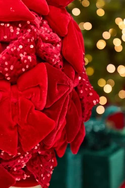Decorator's Warehouse 36" Red Velvet Sequin Bow Potted Ball Topiary > Traditional|Christmas Accents