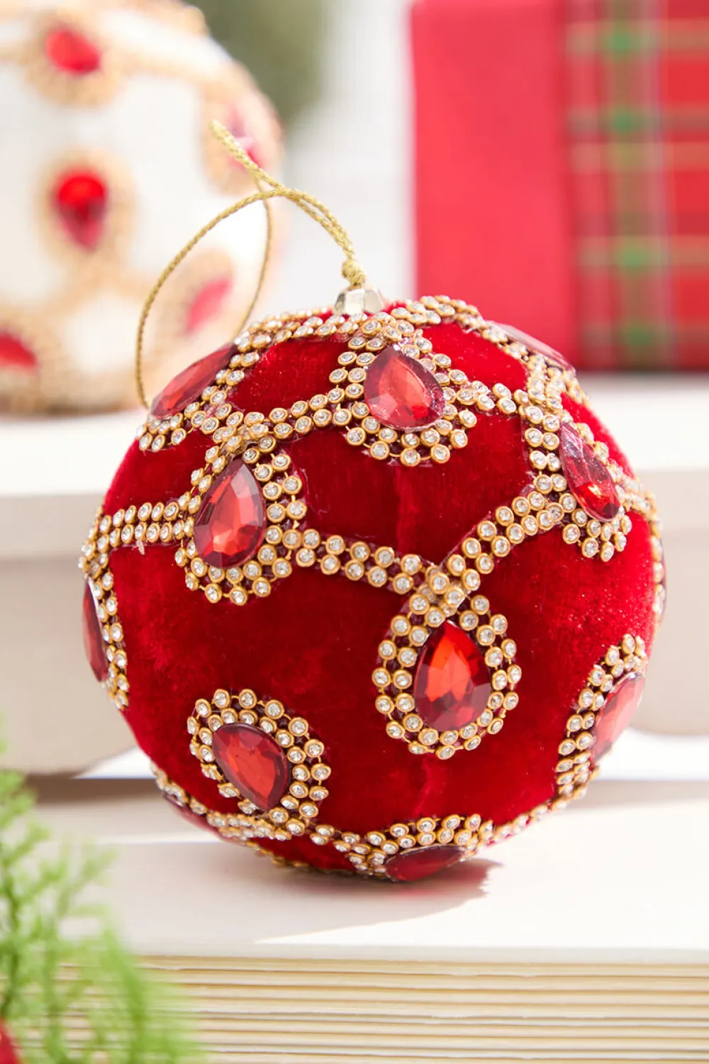 Decorator's Warehouse 4" Red Velvet with Jewel & Rhinestone Ball Ornament > Christmas Decor|Jewel Tones