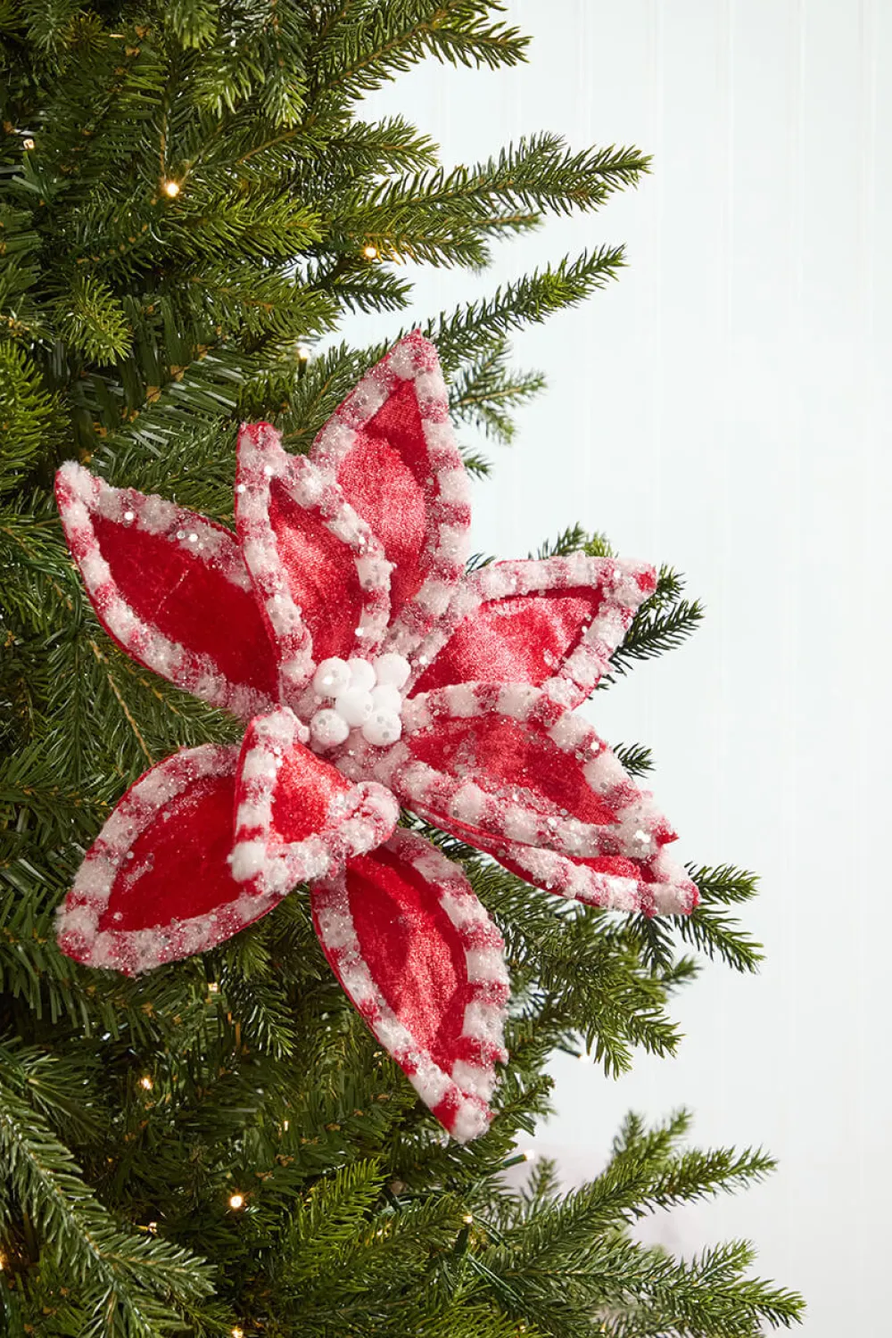 Decorator's Warehouse 22" Red & White Candy with Snow Glitter Poinsettia Stem > Christmas Decor|Christmas Flowers