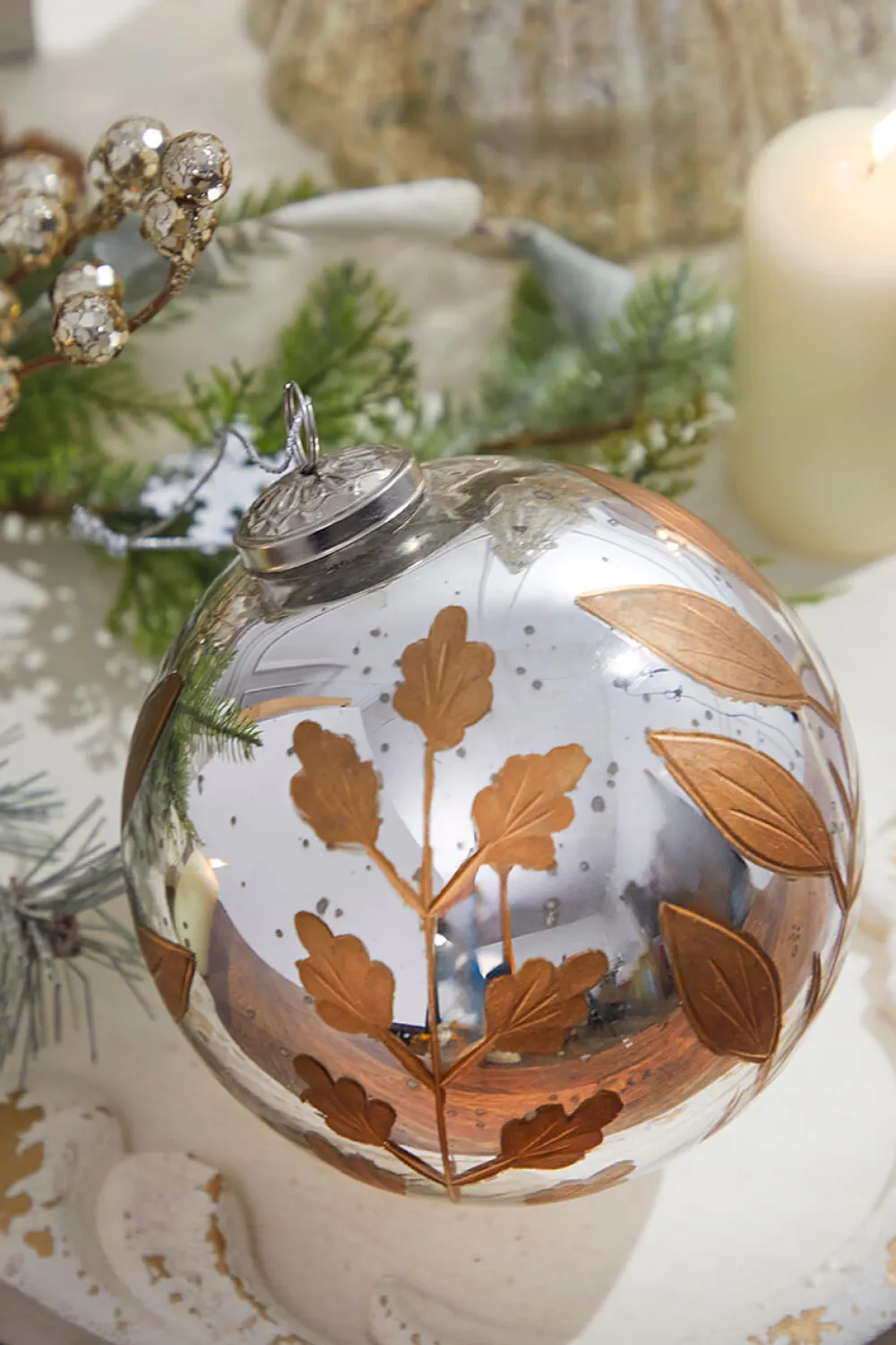 Decorator's Warehouse 6" Round Antique Mercury Glass and Botanical Gold Etched Ornament > Christmas Decor|Natural Elegance