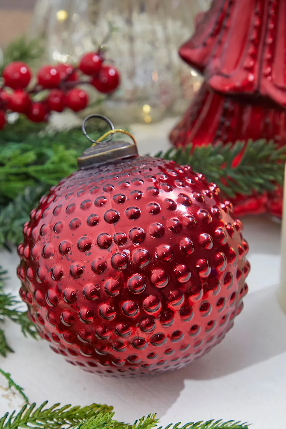 Decorator's Warehouse 5" Round Hobnail Ruby Mercury Glass Ornament > Cardinal|Christmas Decor