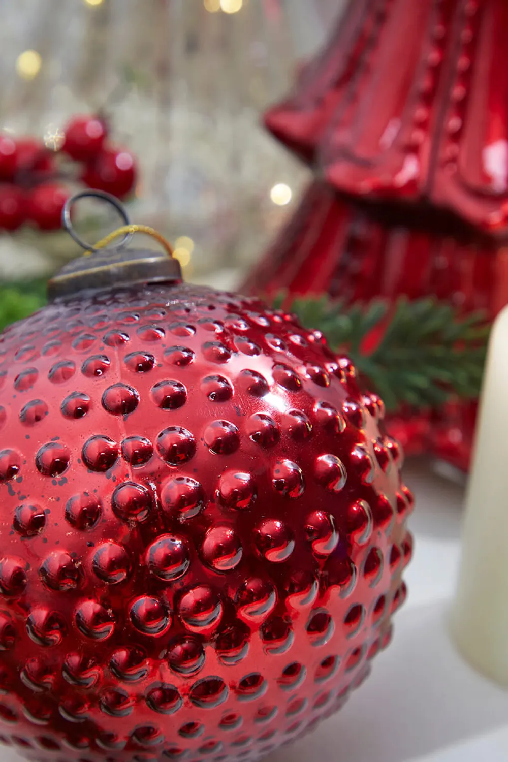 Decorator's Warehouse 5" Round Hobnail Ruby Mercury Glass Ornament > Cardinal|Christmas Decor