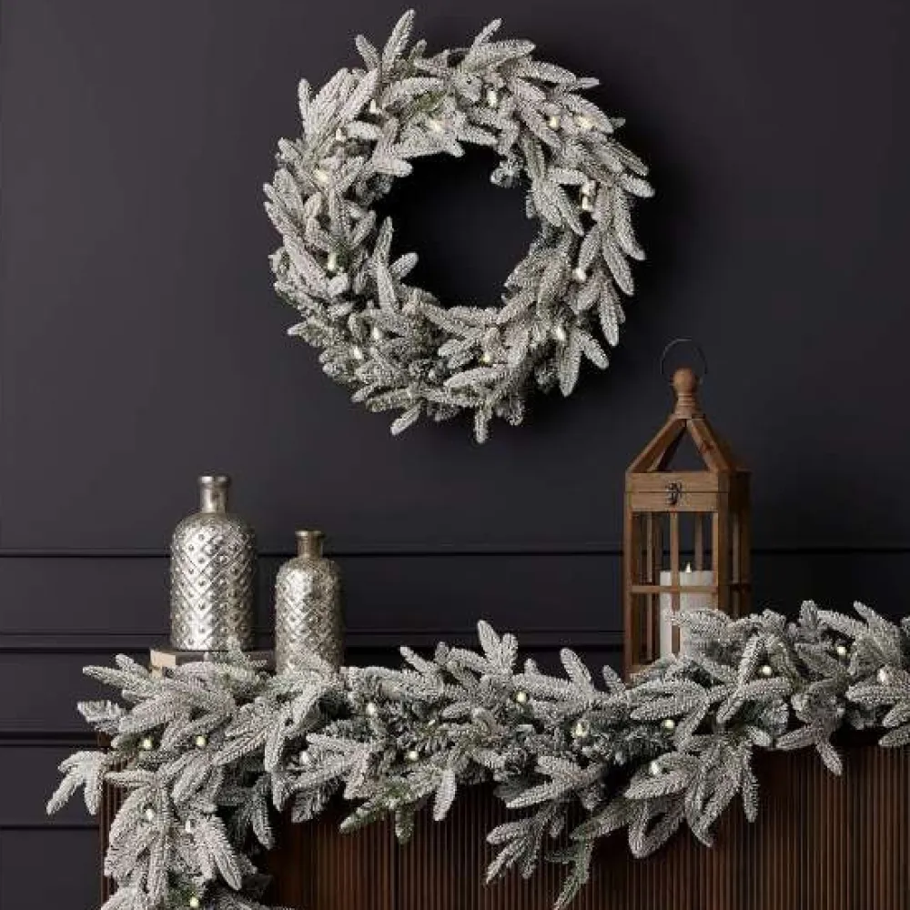Decorator's Warehouse 9' Royal Oaks Flocked Plug-In Garland with Warm White LED Lights > Christmas Decor|Outdoor Lighting