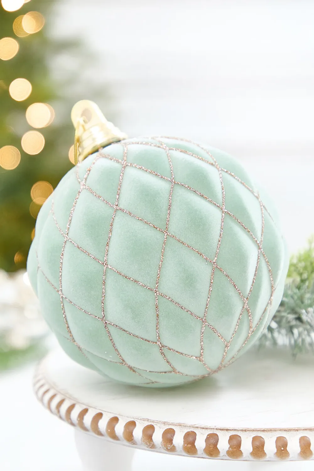 Decorator's Warehouse 6" Sage & Gold Glitter Flocked Ball Ornament > Christmas Decor|Christmas Ornaments
