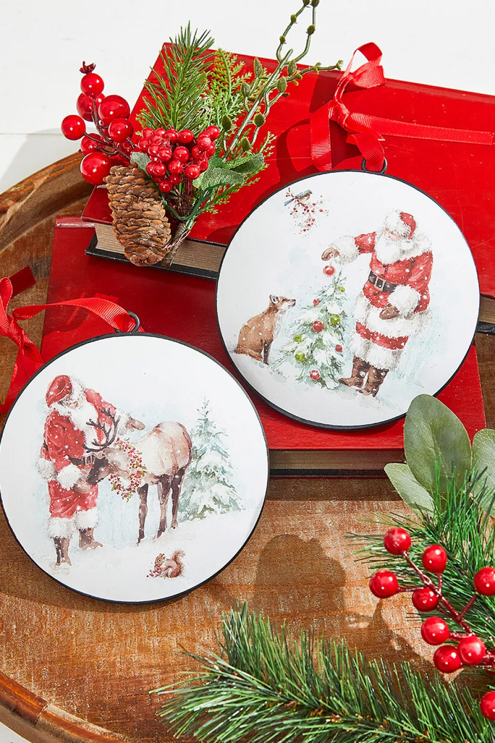 Decorator's Warehouse 5.75” Santa and Animal Disc Ornament > Cardinal|Christmas Decor
