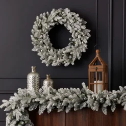 Decorator's Warehouse 24" Shadow Woods Flocked Spruce Wreath with Warm White LED Lights > Under 30"|Pre-Lit Wreaths