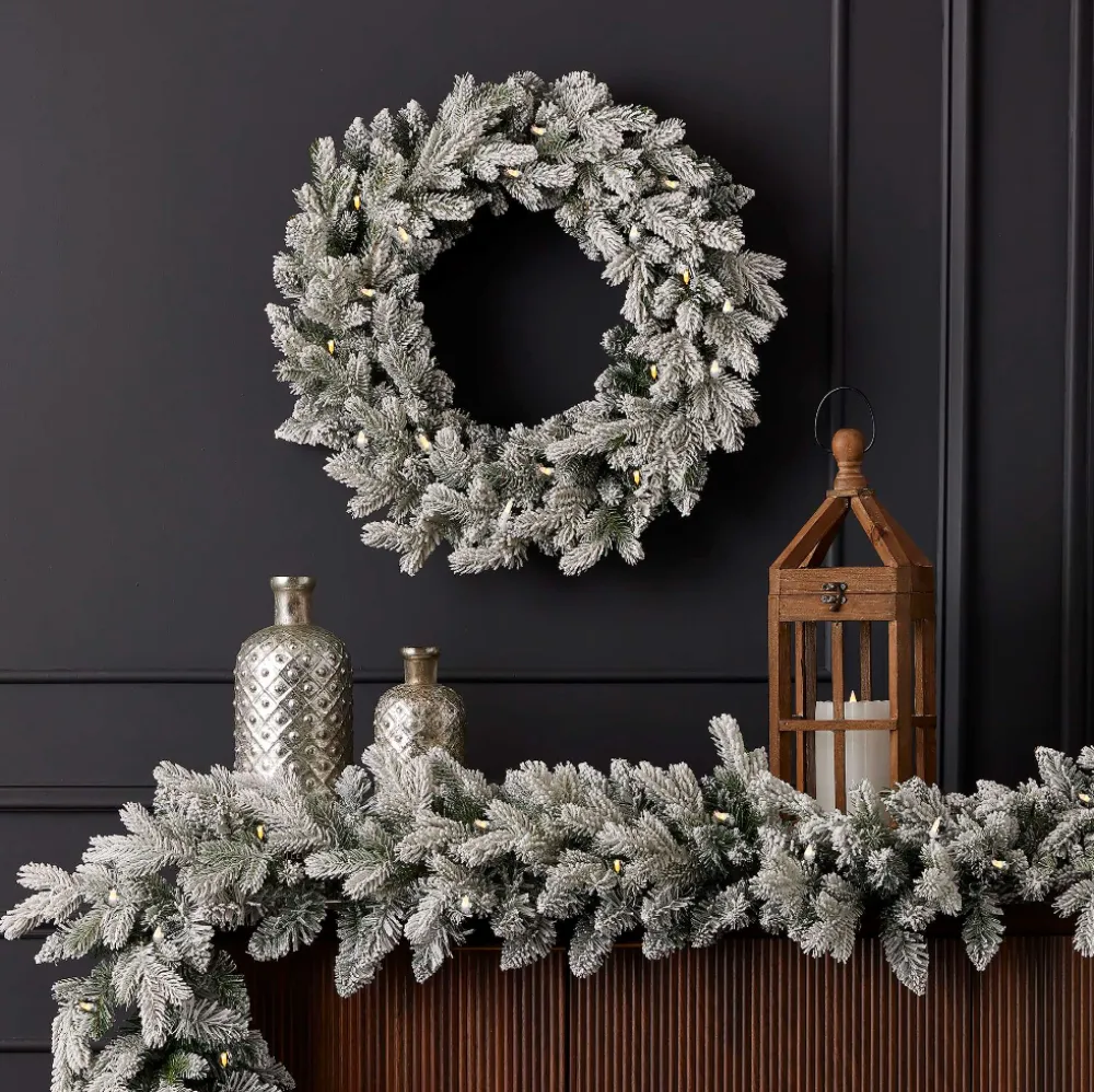 Decorator's Warehouse 24" Shadow Woods Flocked Spruce Wreath with Warm White LED Lights > Under 30"|Pre-Lit Wreaths