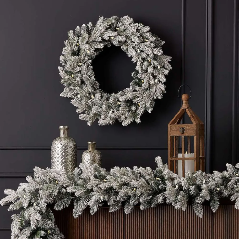 Decorator's Warehouse 9' Shadow Woods Spruce Flocked Plug-In Garland with Warm White LED Lights > Pre-Lit Garlands|Christmas Garlands