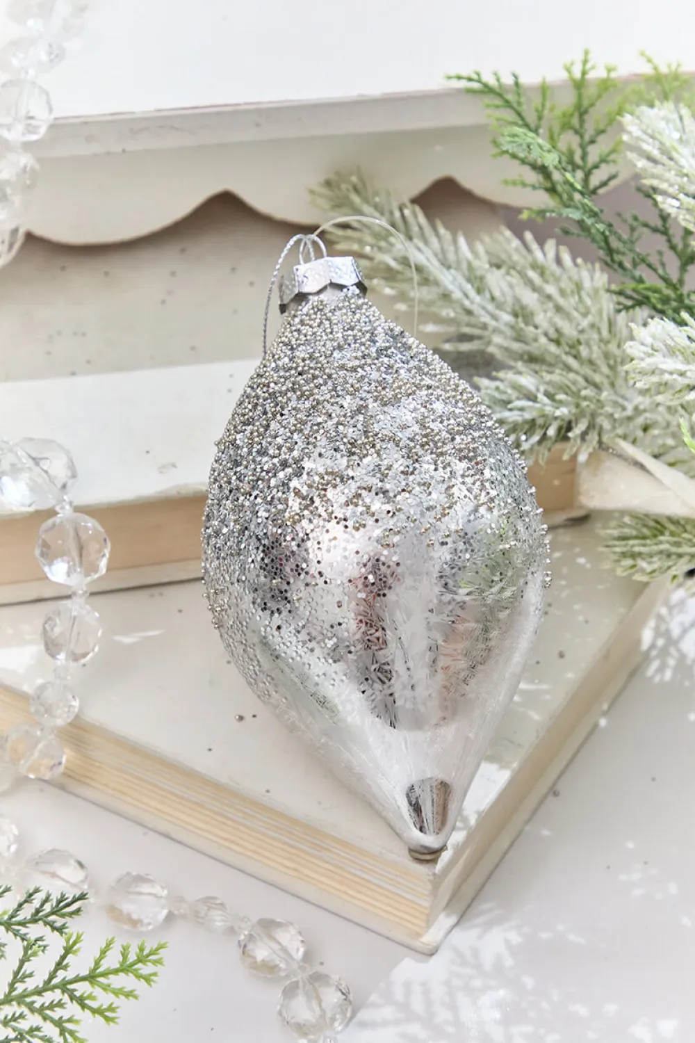 Decorator's Warehouse 4" - 4.5" Silver Beaded Glass Ornament > White Christmas|Christmas Decor