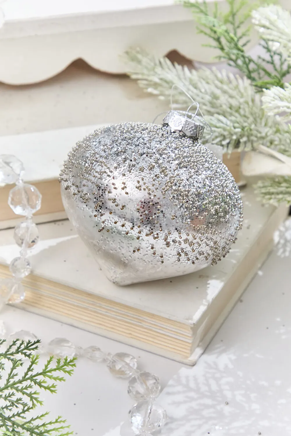 Decorator's Warehouse 4" - 4.5" Silver Beaded Glass Ornament > White Christmas|Christmas Decor