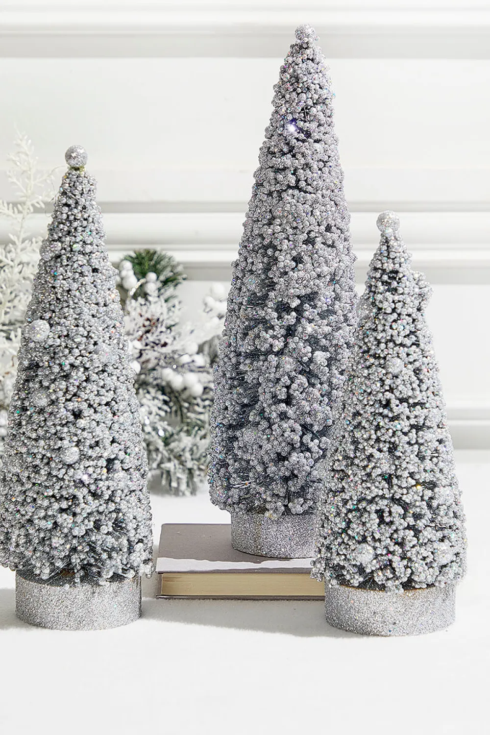 Decorator's Warehouse Silver Bottle Brush Trees - Set of 3 > White Christmas|Tabletop & Accent Trees
