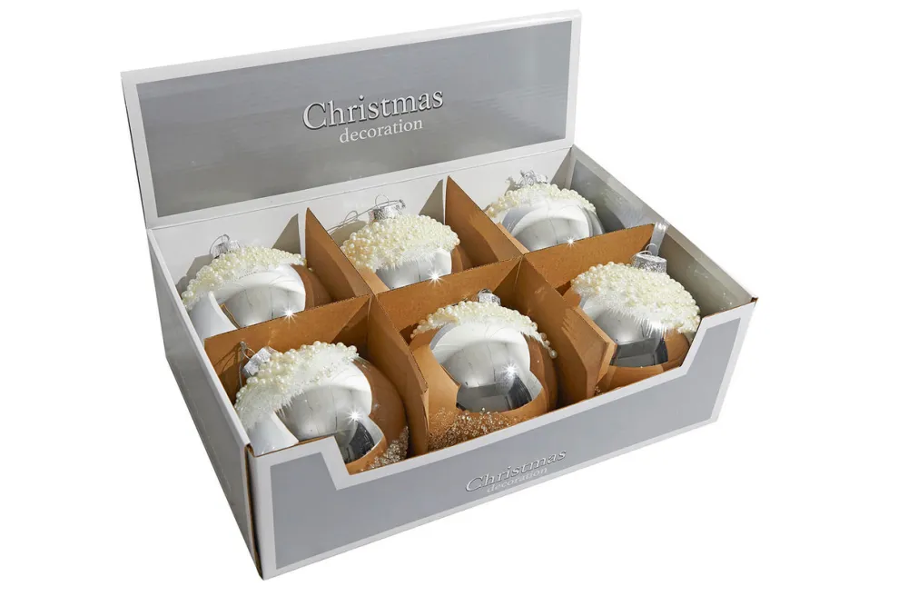 Decorator's Warehouse 5" Silver Christmas Ball Ornament - Set of 6 > White Christmas|Boxed Sets