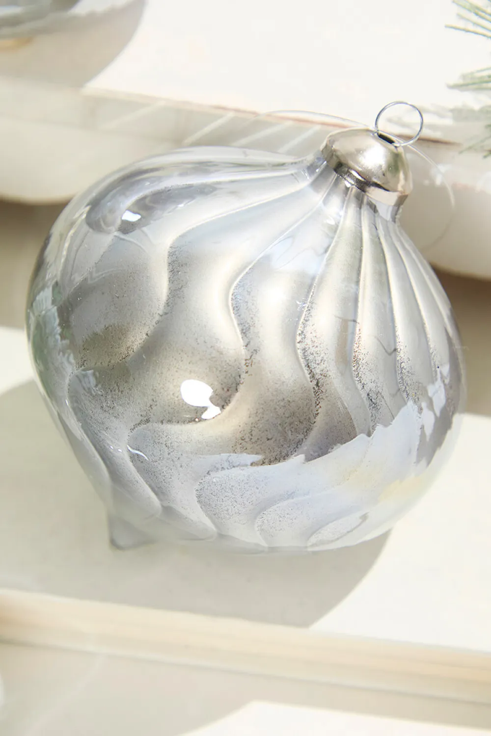 Decorator's Warehouse 5"- 6" Silver Pearlescent Glass Ornament > White Christmas|Red & Silver