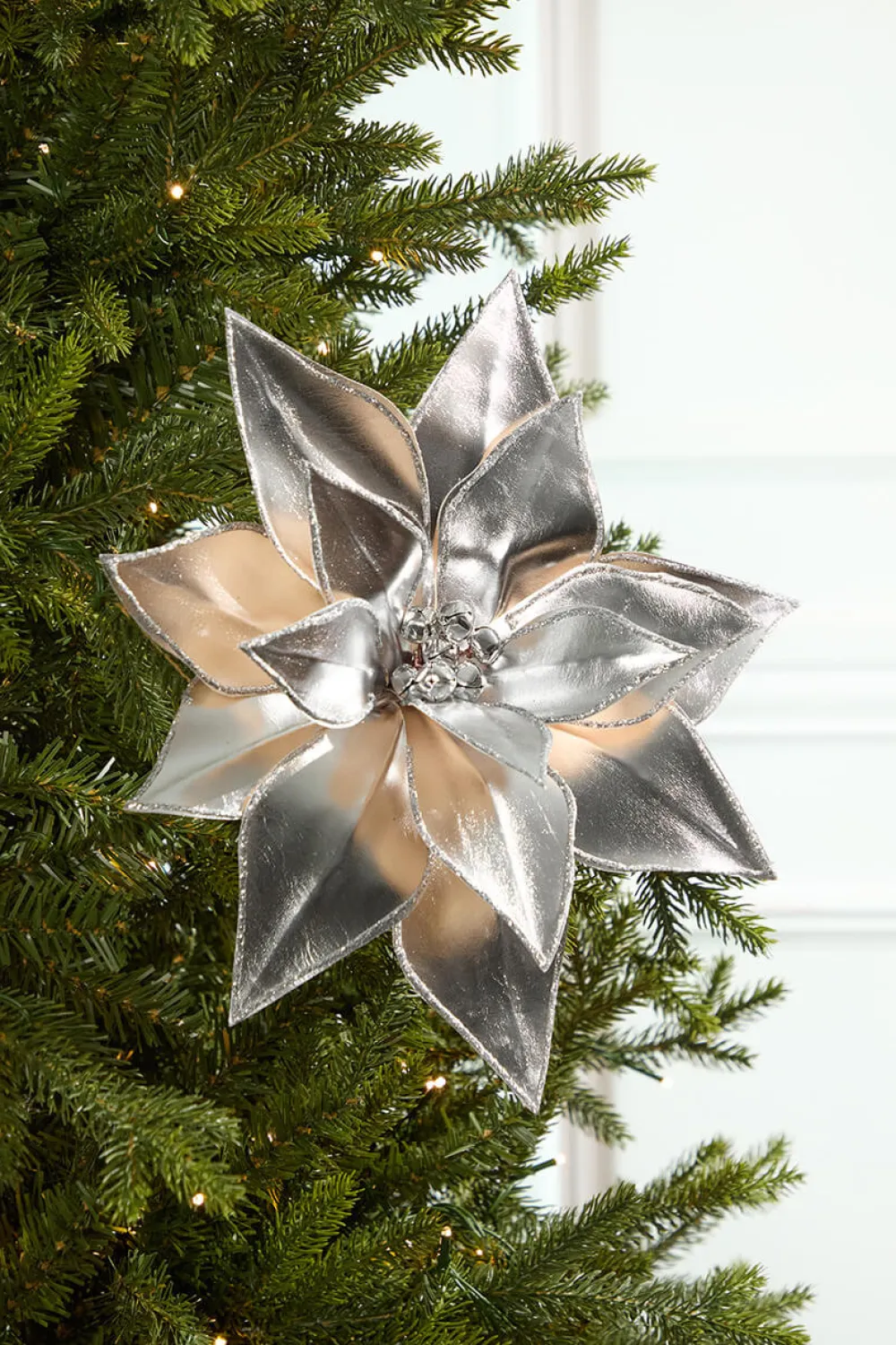 Decorator's Warehouse 24" Silver Retro Poinsettia Stem with Jingle Bells > Christmas Decor|Christmas Flowers