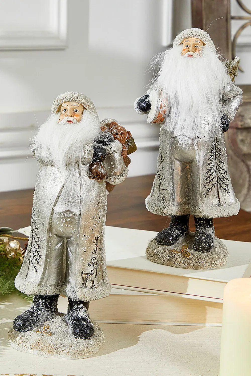 Decorator's Warehouse Small Resin Silver Snow Santa Figurine > Winter Woodland|Christmas Accents