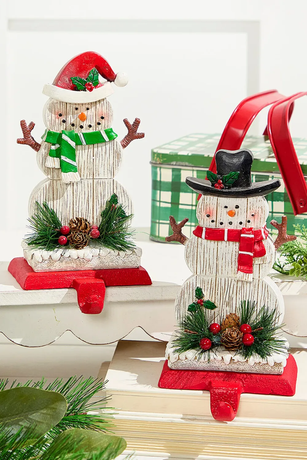 Decorator's Warehouse 8.25" Snowman Stocking Holder with Pine And Berry Accent > Farmhouse|Christmas Accents