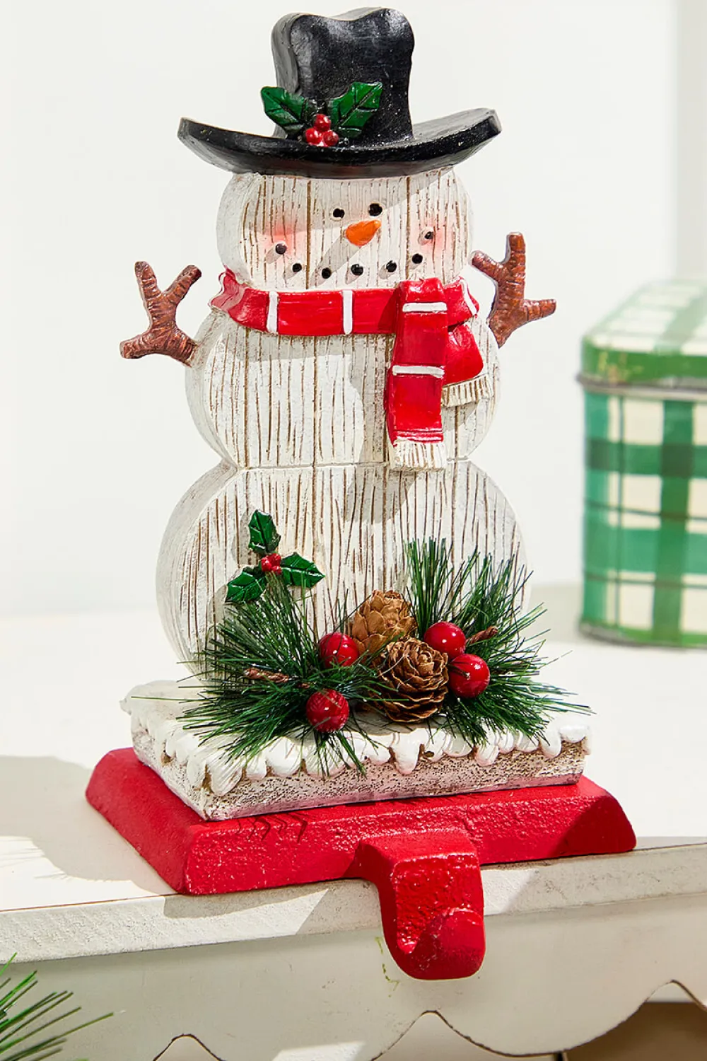 Decorator's Warehouse 8.25" Snowman Stocking Holder with Pine And Berry Accent > Farmhouse|Christmas Accents