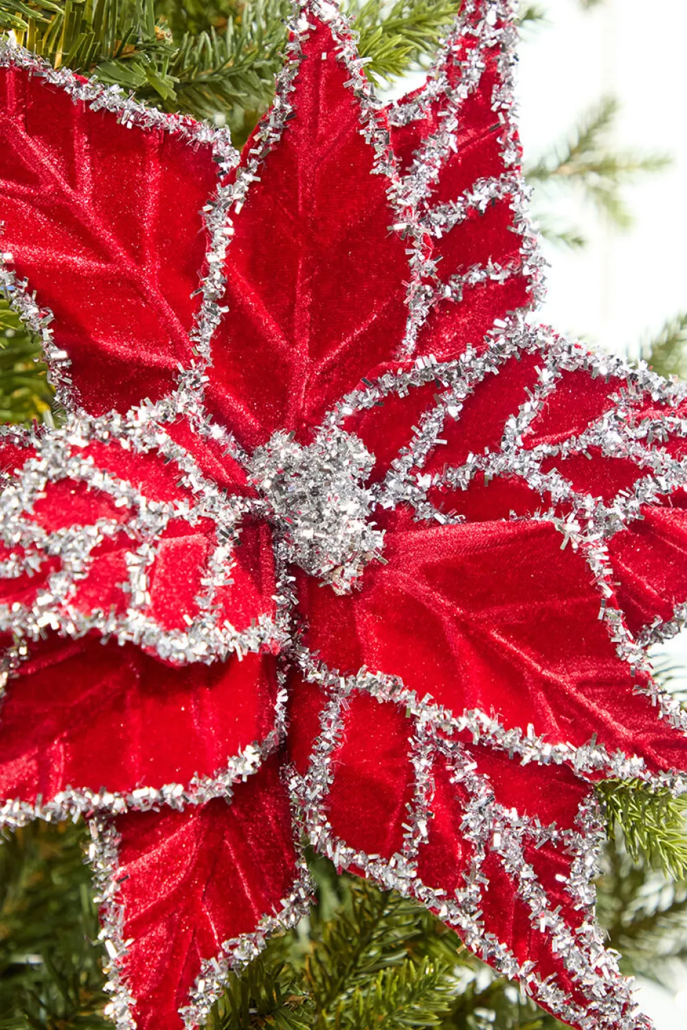 Decorator's Warehouse 24" Tinsel Edge Velvet Poinsettia Stem > Christmas Decor|Christmas Flowers