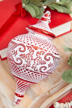 Decorator's Warehouse 10" White Red Matte Metallic Finial Ornament > Christmas Ornaments|Peppermint