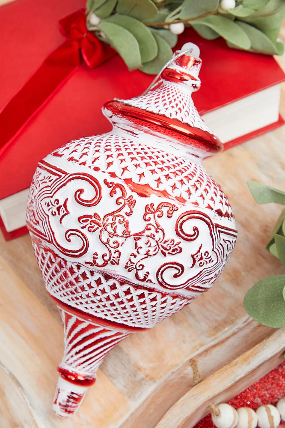 Decorator's Warehouse 10" White Red Matte Metallic Finial Ornament > Christmas Ornaments|Peppermint