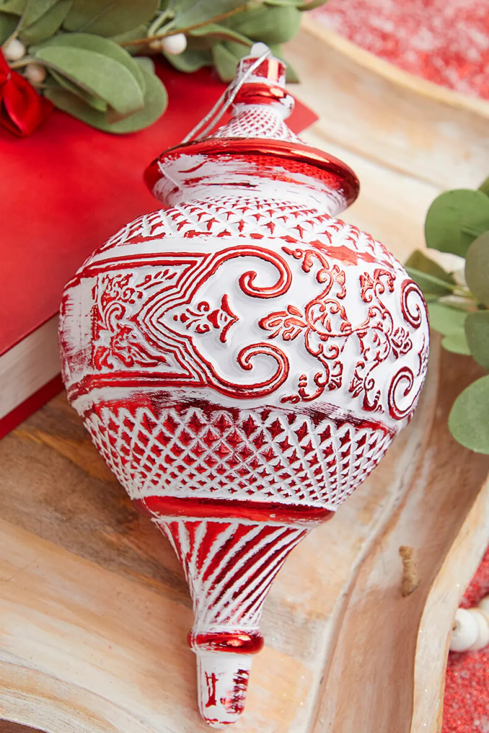 Decorator's Warehouse 10" White Red Matte Metallic Finial Ornament > Christmas Ornaments|Peppermint