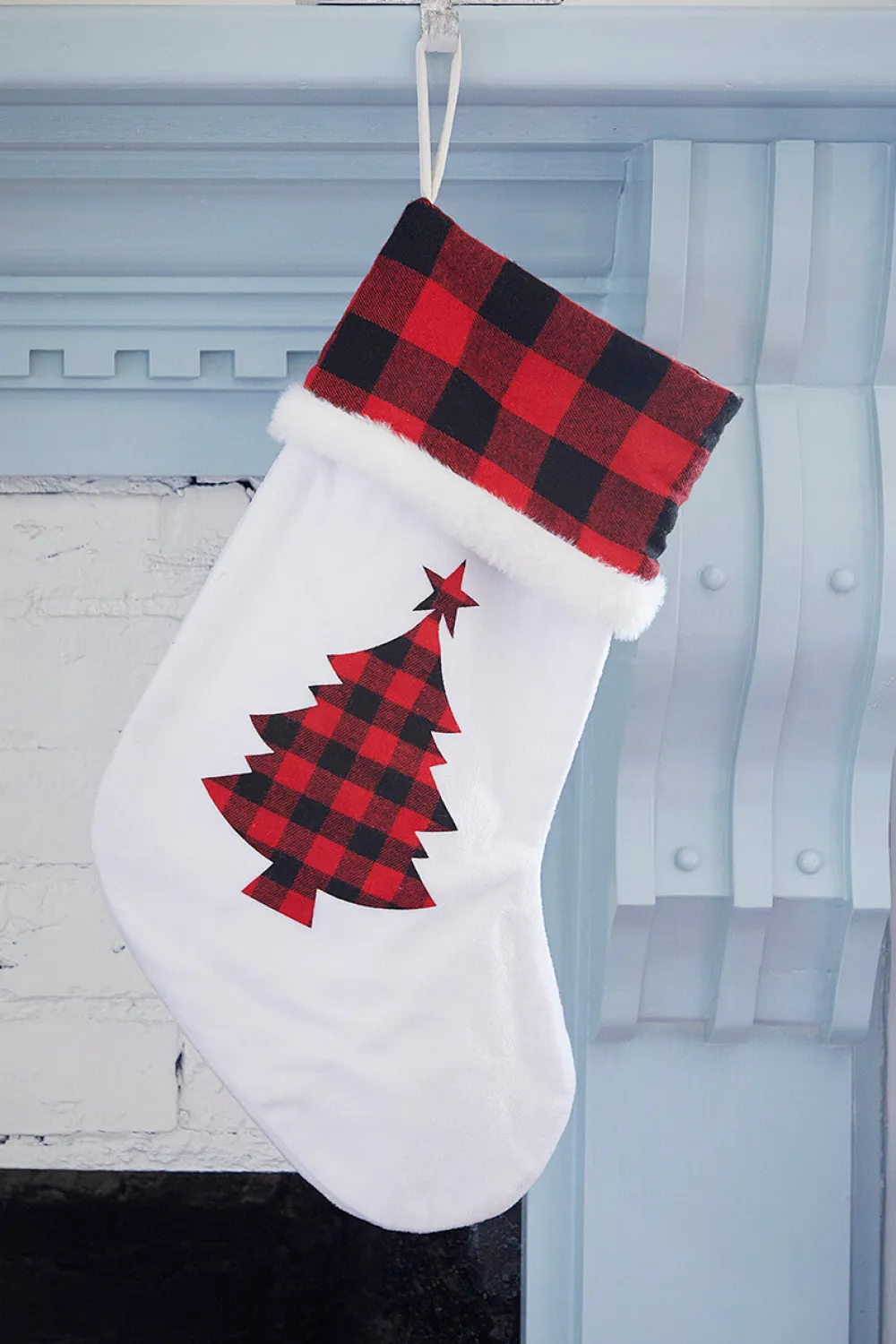 Decorator's Warehouse White Stocking with Buffalo Check Tree > Christmas Textiles|Christmas Decor