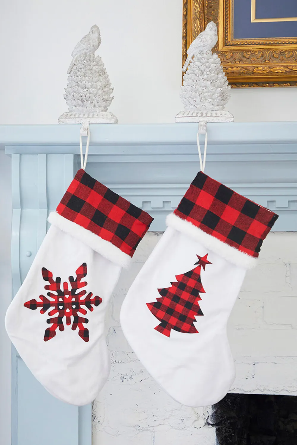 Decorator's Warehouse White Stocking with Buffalo Check Snowflake > Christmas Textiles|Christmas Decor