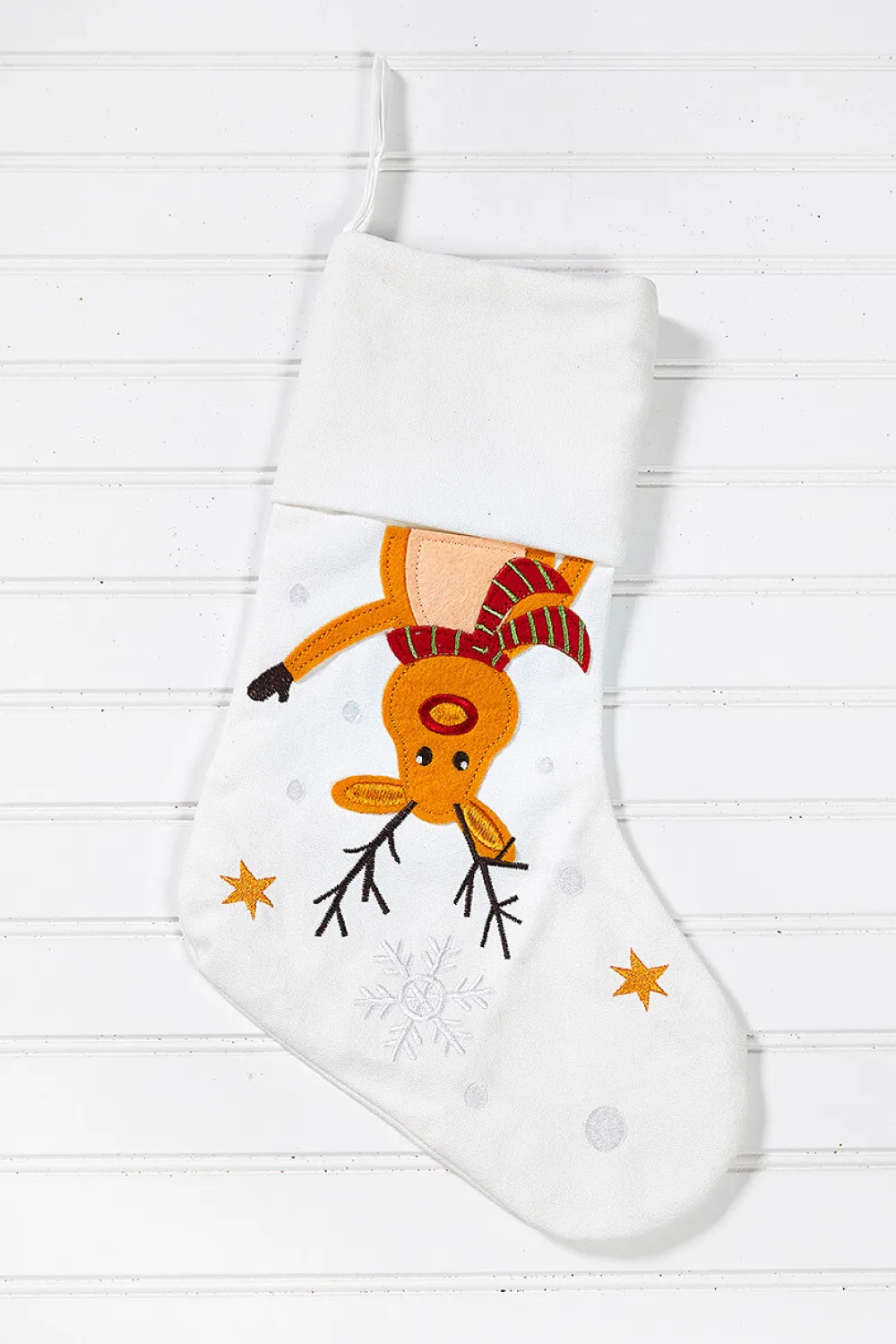 Decorator's Warehouse White Stocking with Rudolph > Christmas Textiles|Christmas Stockings