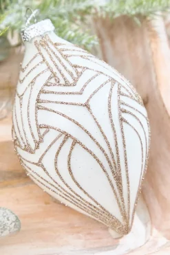 Decorator's Warehouse 5" - 6" White With Champagne Glitter Art Deco Glass Ornament > Christmas Decor|Christmas Ornaments