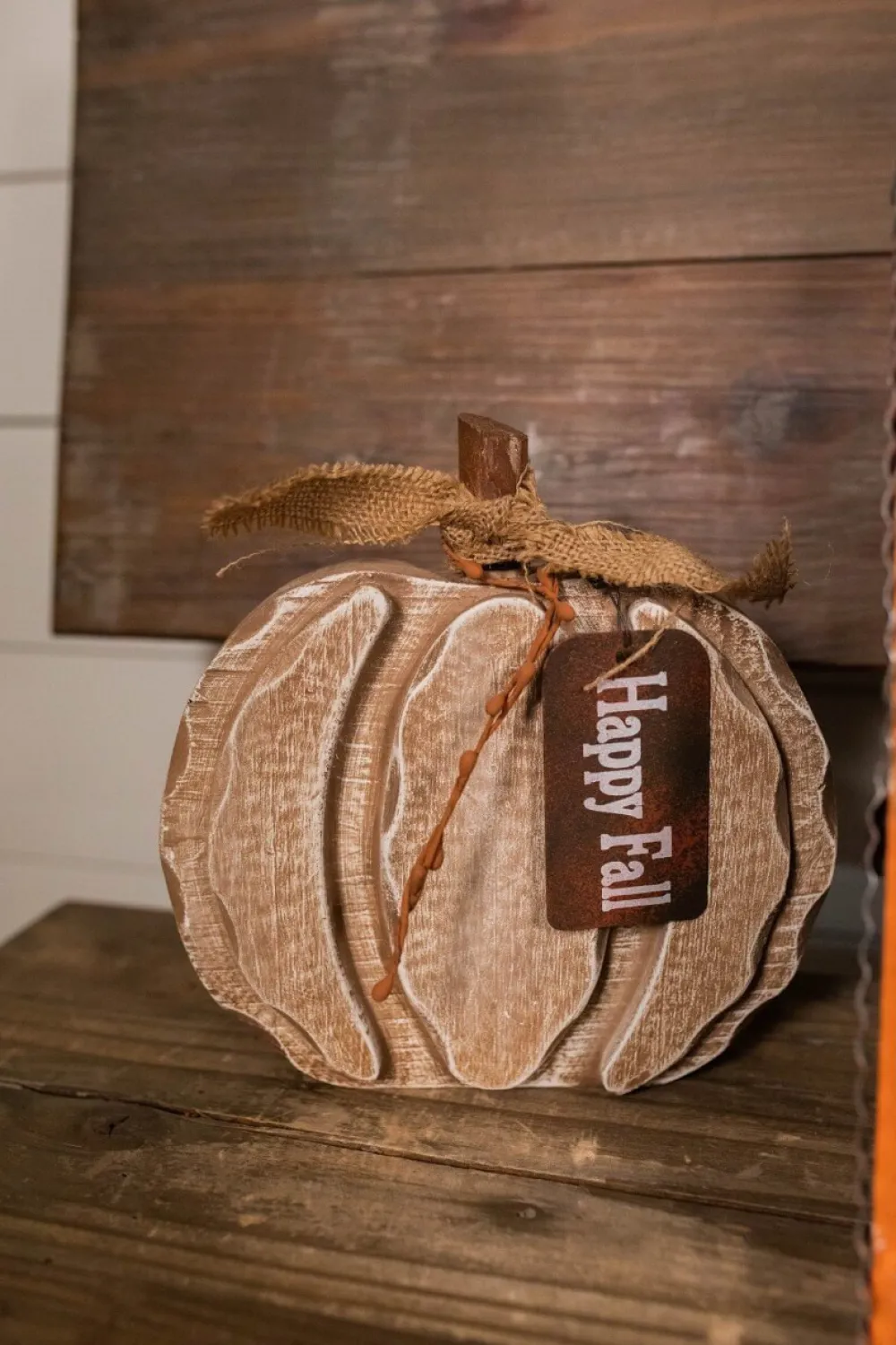Decorator's Warehouse 8” Wood Harvest Pumpkin with Burlap Bow and Berry Accents > Fall Decor|Fall Decor