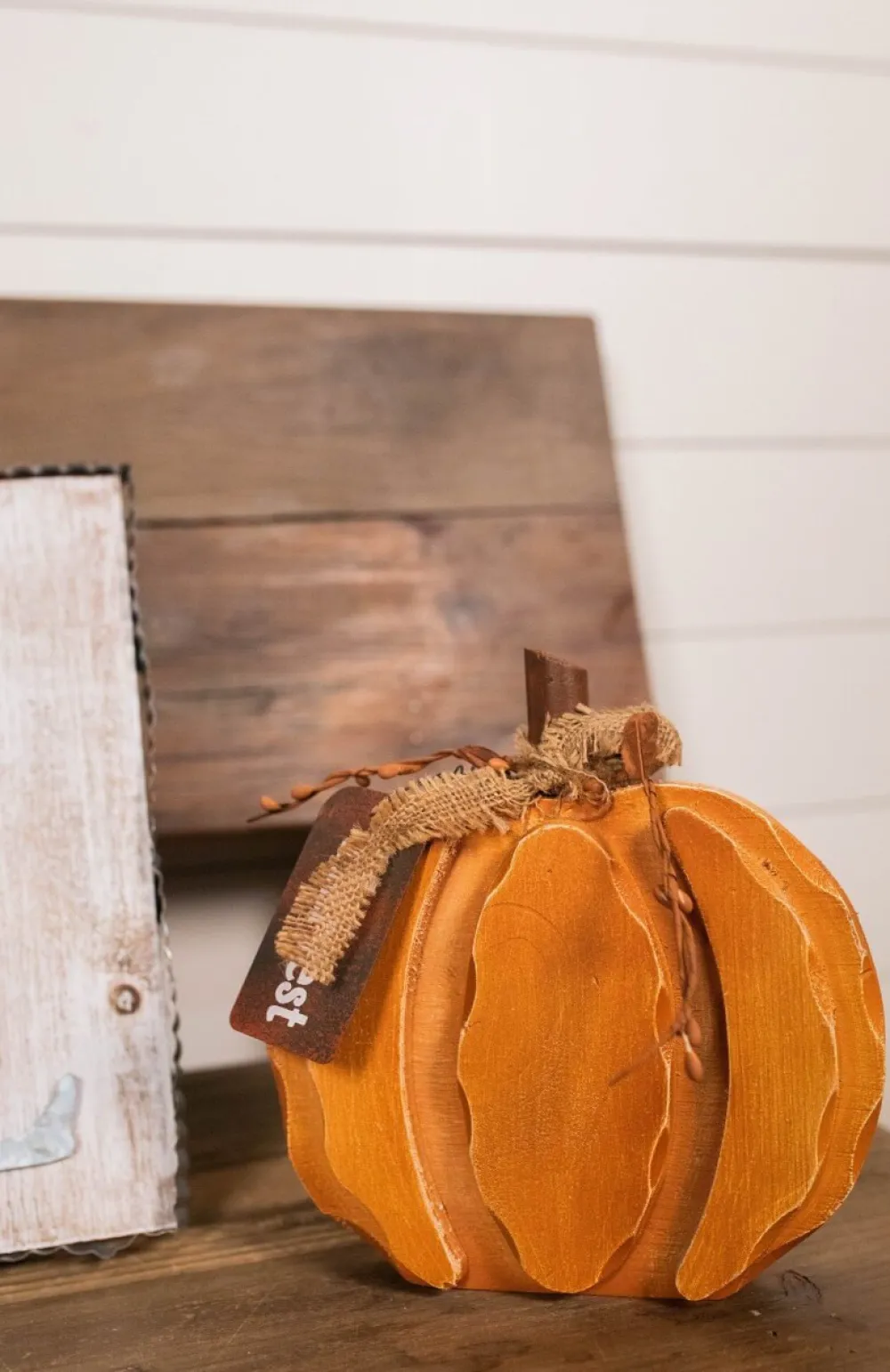 Decorator's Warehouse 8” Wood Harvest Pumpkin with Burlap Bow and Berry Accents > Fall Decor|Fall Decor