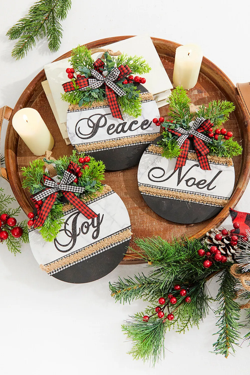Decorator's Warehouse 8.5" Wood Holiday Ornament With Bow > Christmas Ornaments|Christmas Ornaments