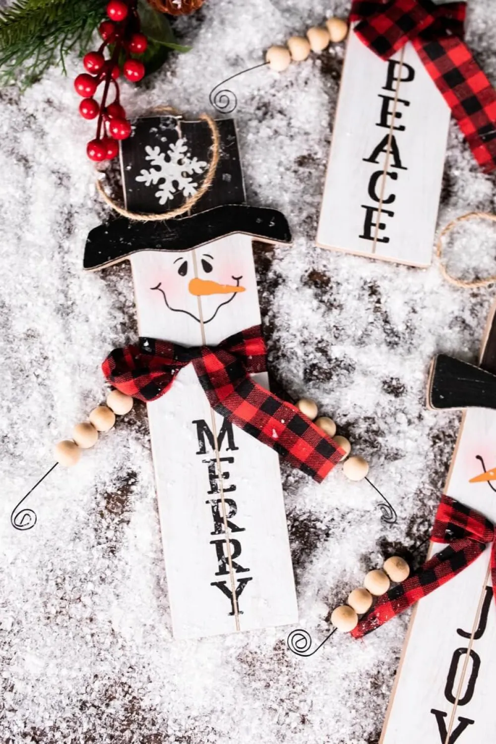 Decorator's Warehouse 11.8” Wood Snowman with Buffalo Check Plaid Scarf Ornament > Christmas Ornaments|Christmas Ornaments