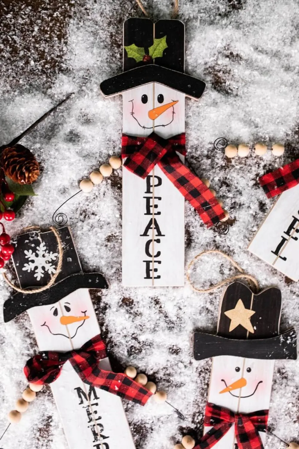 Decorator's Warehouse 11.8” Wood Snowman with Buffalo Check Plaid Scarf Ornament > Christmas Ornaments|Christmas Ornaments