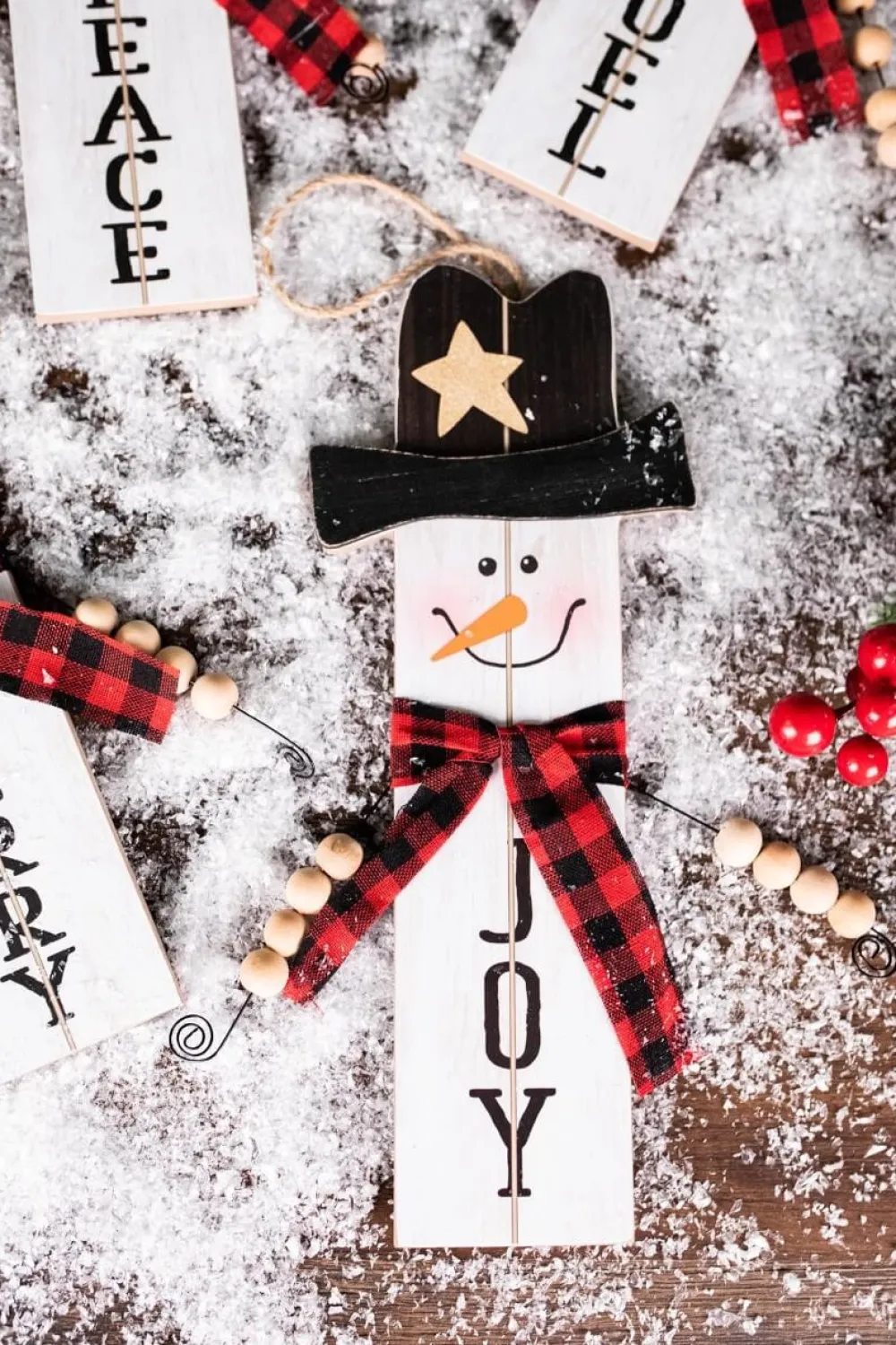 Decorator's Warehouse 11.8” Wood Snowman with Buffalo Check Plaid Scarf Ornament > Christmas Ornaments|Christmas Ornaments