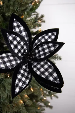 Decorator's Warehouse 21” x 12" Black and White Plaid Poinsettia Stem with Black Berries > Christmas Sale|Christmas Flowers