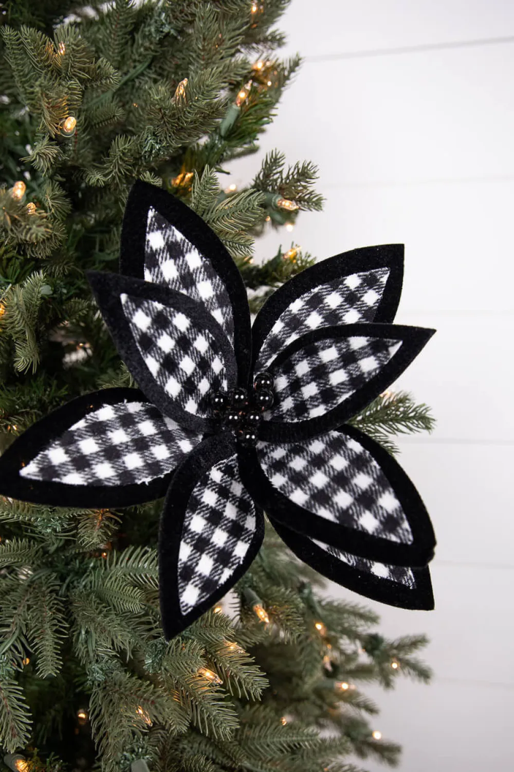 Decorator's Warehouse 21” x 12" Black and White Plaid Poinsettia Stem with Black Berries > Christmas Sale|Christmas Flowers