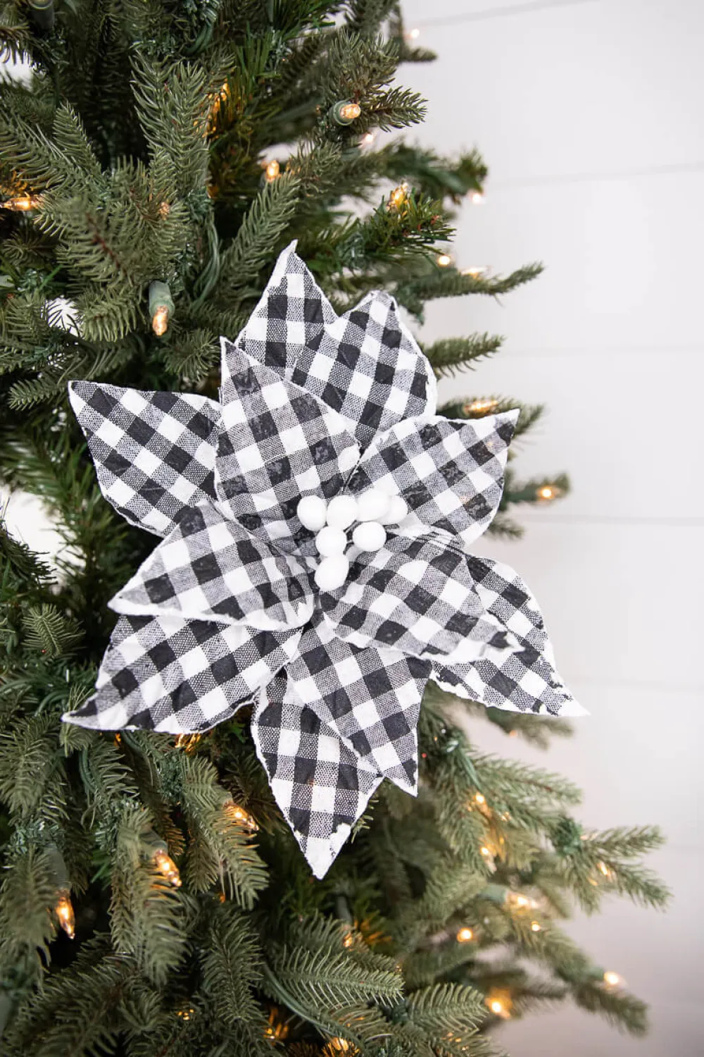 Decorator's Warehouse 22” x 10.5" Black and White Plaid Poinsettia Stem with White Berries > Best Sellers|Christmas Sale