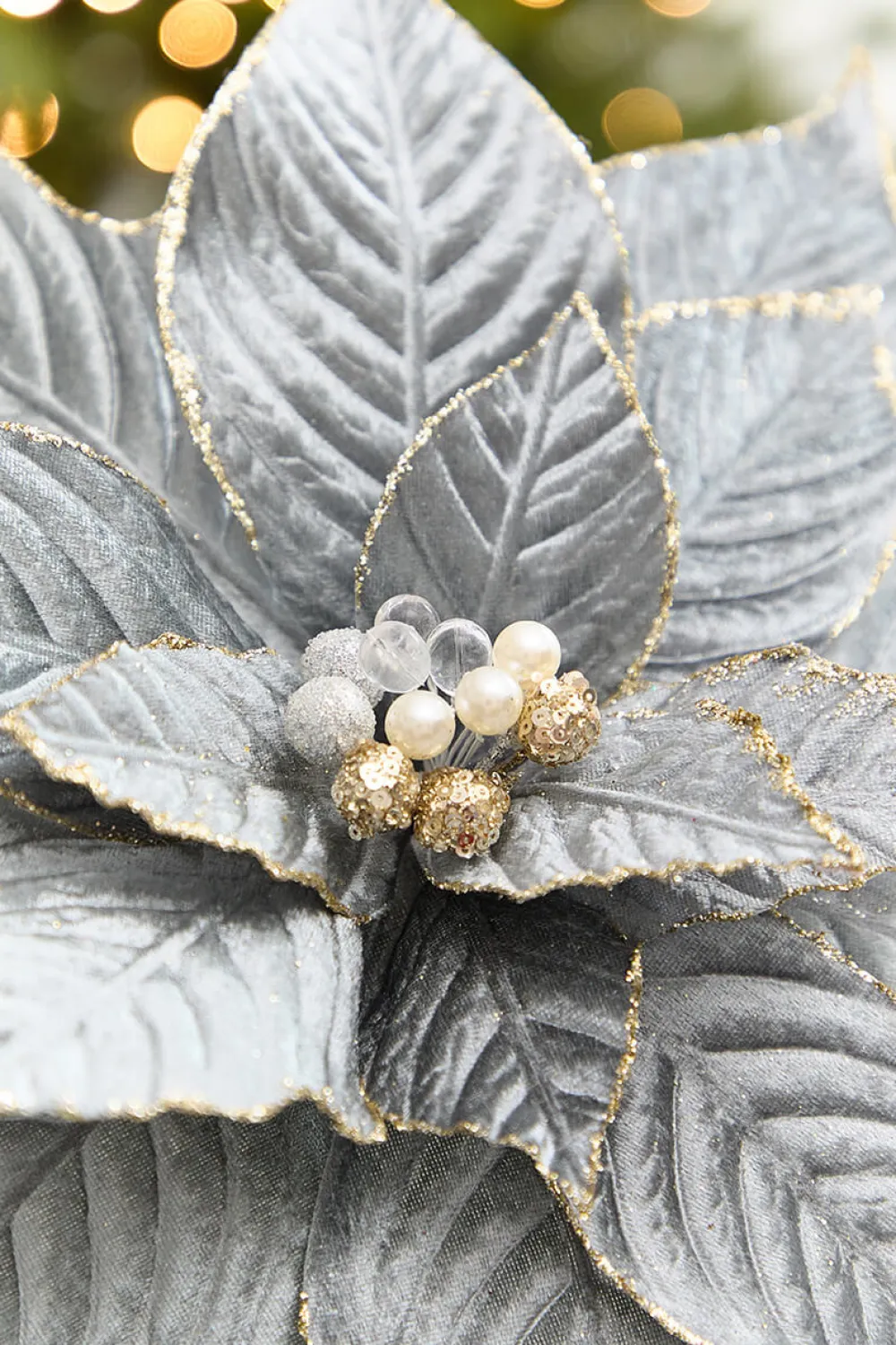Decorator's Warehouse 19" x 15" Blue & Grey Velvet Jewel Poinsettia Stem > Gold & Champagne|Natural Elegance