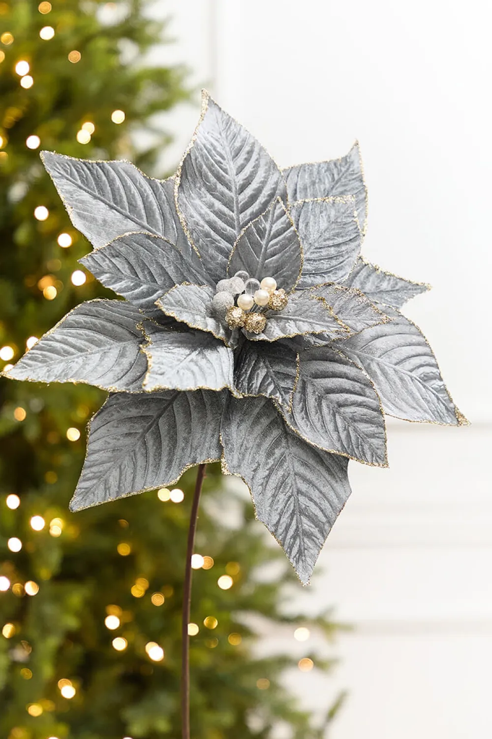 Decorator's Warehouse 19" x 15" Blue & Grey Velvet Jewel Poinsettia Stem > Gold & Champagne|Natural Elegance
