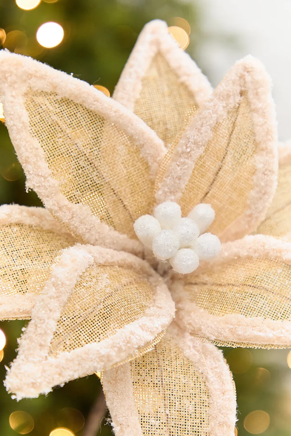 Decorator's Warehouse 20” x 13" Burlap Faux Fur Edge Poinsettia Stem > Sugar & Spice|Christmas Decor