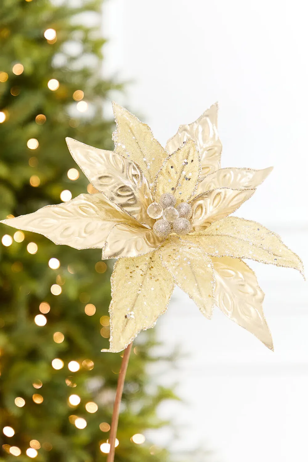 Decorator's Warehouse 24" x 10" Champagne Glitter Edge & Bead Poinsettia Stem > Christmas Decor|Natural Elegance