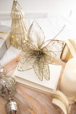 Decorator's Warehouse 24” x 12" Champagne Glitter Sequin Mesh Poinsettia Stem > Christmas Decor|Natural Elegance
