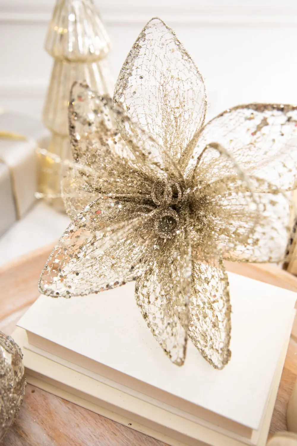 Decorator's Warehouse 24” x 12" Champagne Glitter Sequin Mesh Poinsettia Stem > Christmas Decor|Natural Elegance