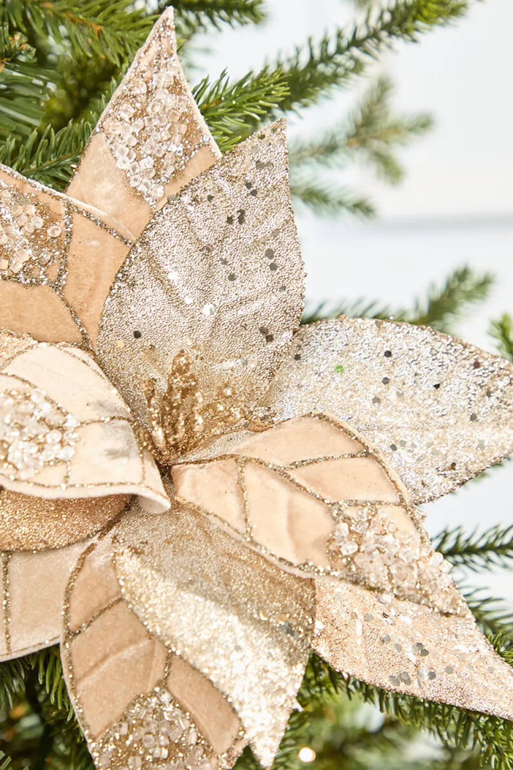 Decorator's Warehouse 20" x 12" Champagne Jeweled Velvet Poinsettia Stem > Christmas Decor|Natural Elegance