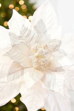 Decorator's Warehouse 29" x 13" Cream Glitter & Bead Poinsettia Stem > Christmas Decor|Natural Elegance