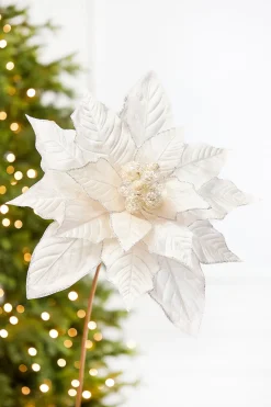 Decorator's Warehouse 29" x 13" Cream Glitter & Bead Poinsettia Stem > Christmas Decor|Natural Elegance