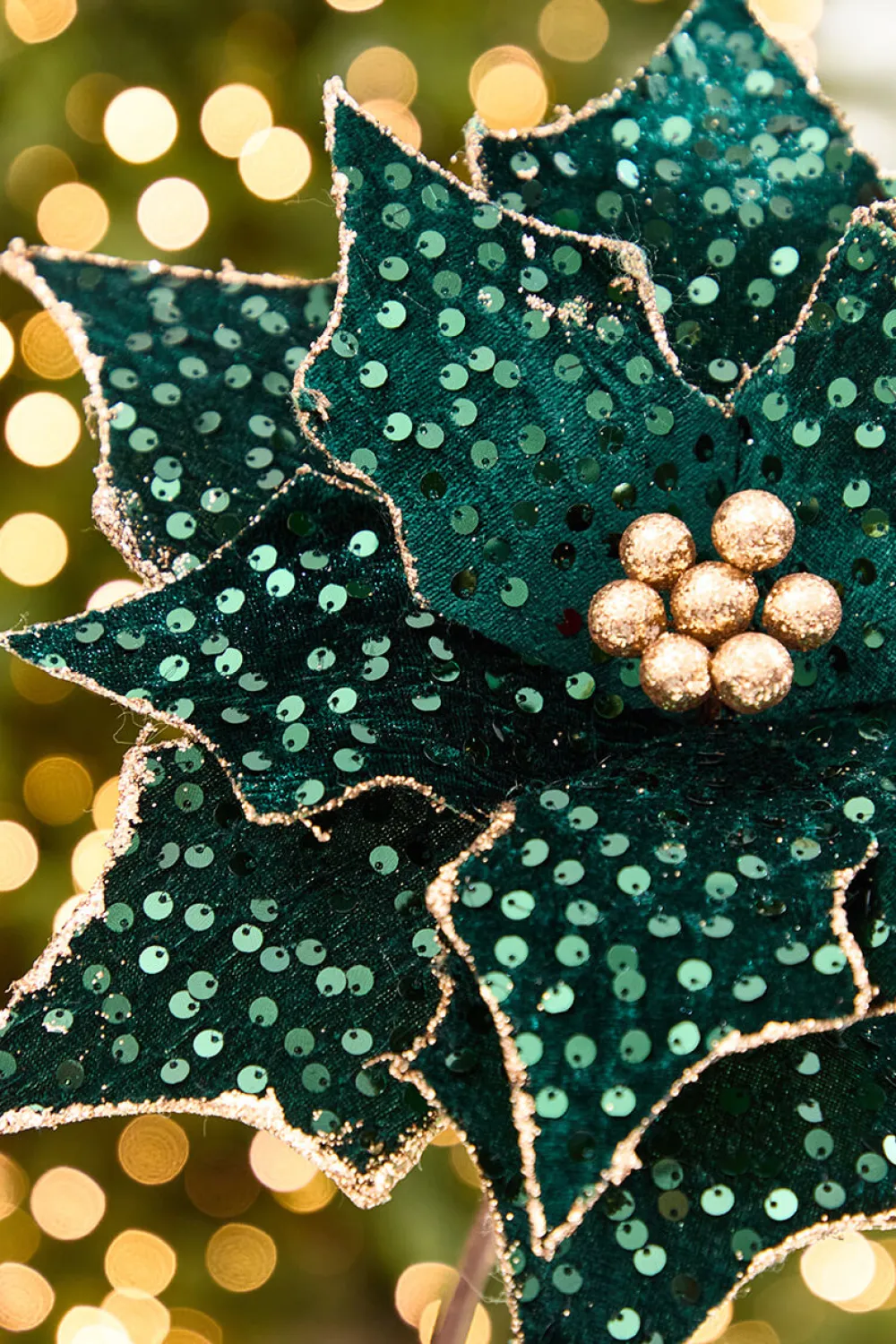 Decorator's Warehouse 20" x 12” Emerald & Gold Sequin Poinsettia Stem > Christmas Decor|Jewel Tones